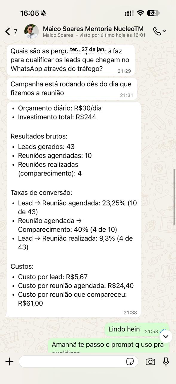 Maico Soares, R$244 → 43 leads, 10 reuniões, custo R$24,40/reunião
